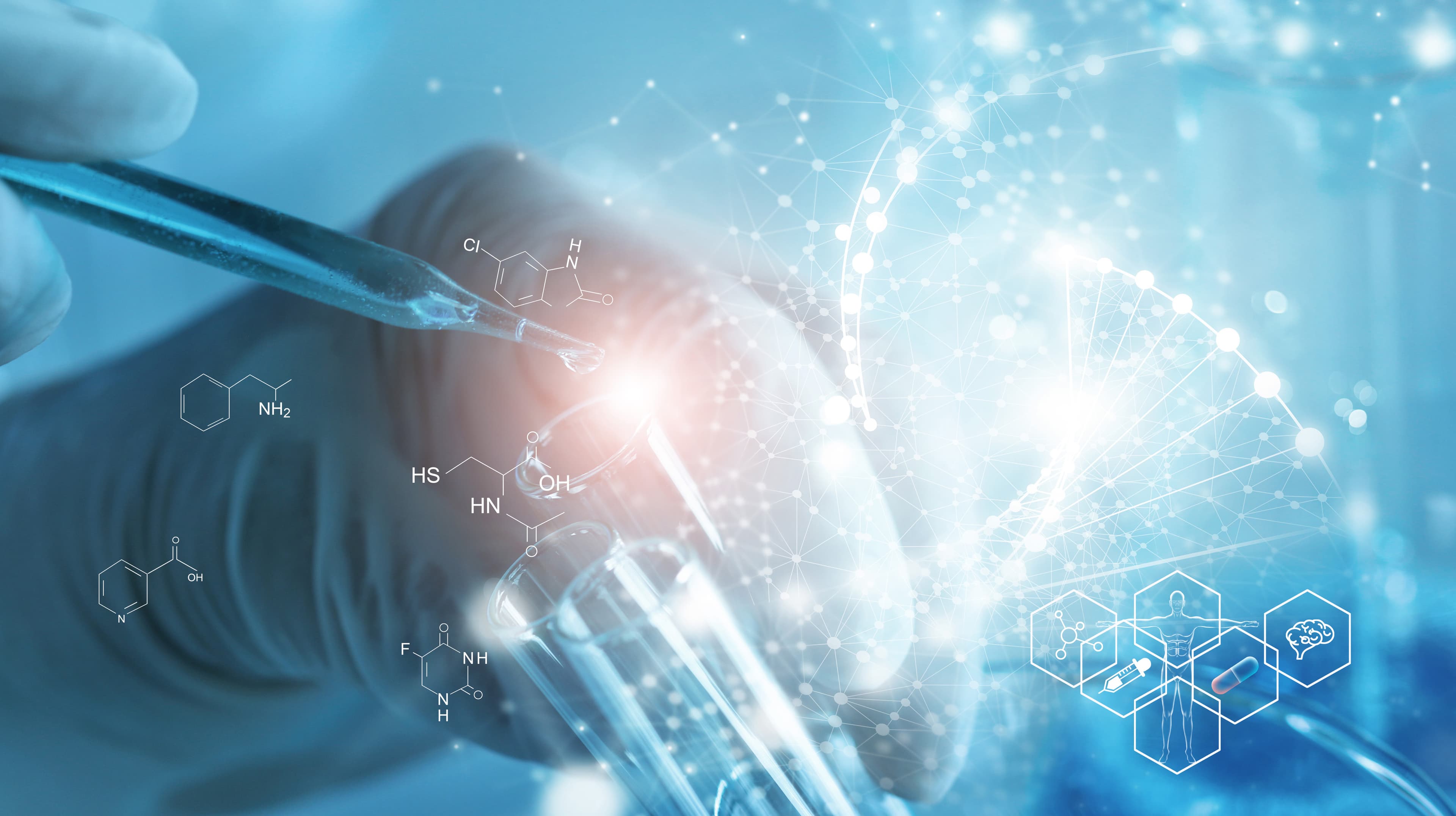 Molecules and DNA overlaying test tube